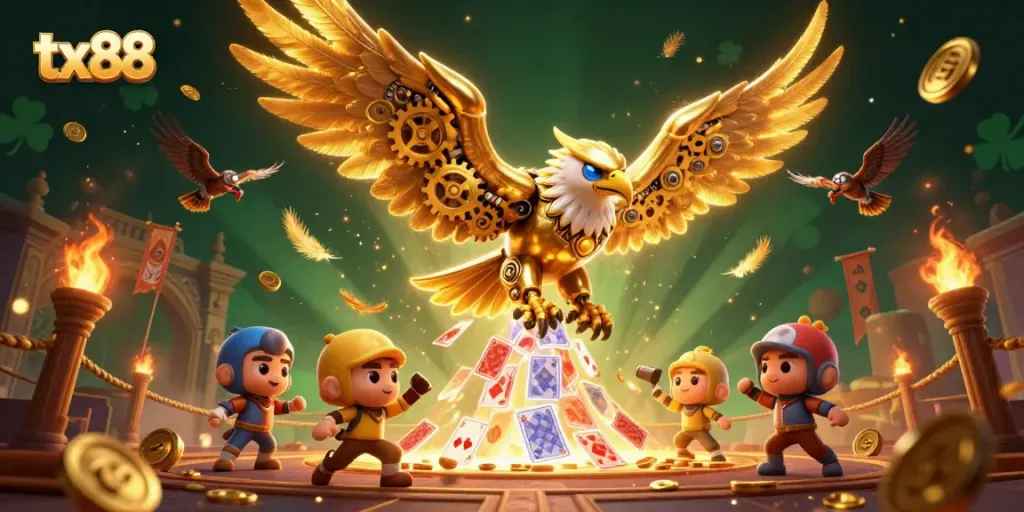 Experience the excitement of tx88 with a dynamic 3D illustration showcasing a cybernetic golden eagle in a vibrant casino atmosphere.