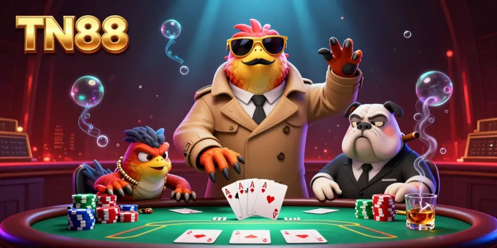 Raptors in a trench coat attempting VIP casino entry while poker elements surround them at TN88.