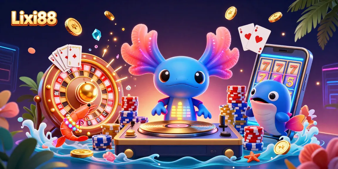 Experience the vibrant world of Lixi88 as axolotl DJ spins while shrimp dance amidst coins and gems.
