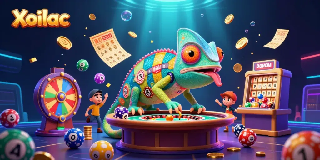 Xoilac casino scene with vibrant games, a chameleon character, and dynamic elements showcasing excitement