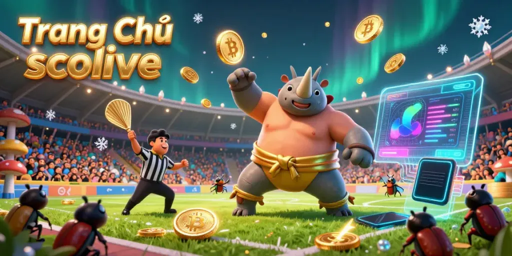 Experience a thrilling scene at Trang Chủ socolive with a dynamic soccer stadium featuring a rhinoceros beetle sumo champion and vibrant cryptocurrency elements.