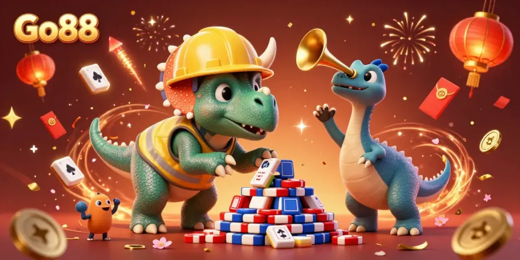 Engage with Go88's thrilling gaming world as the triceratops builds a poker chip pyramid.