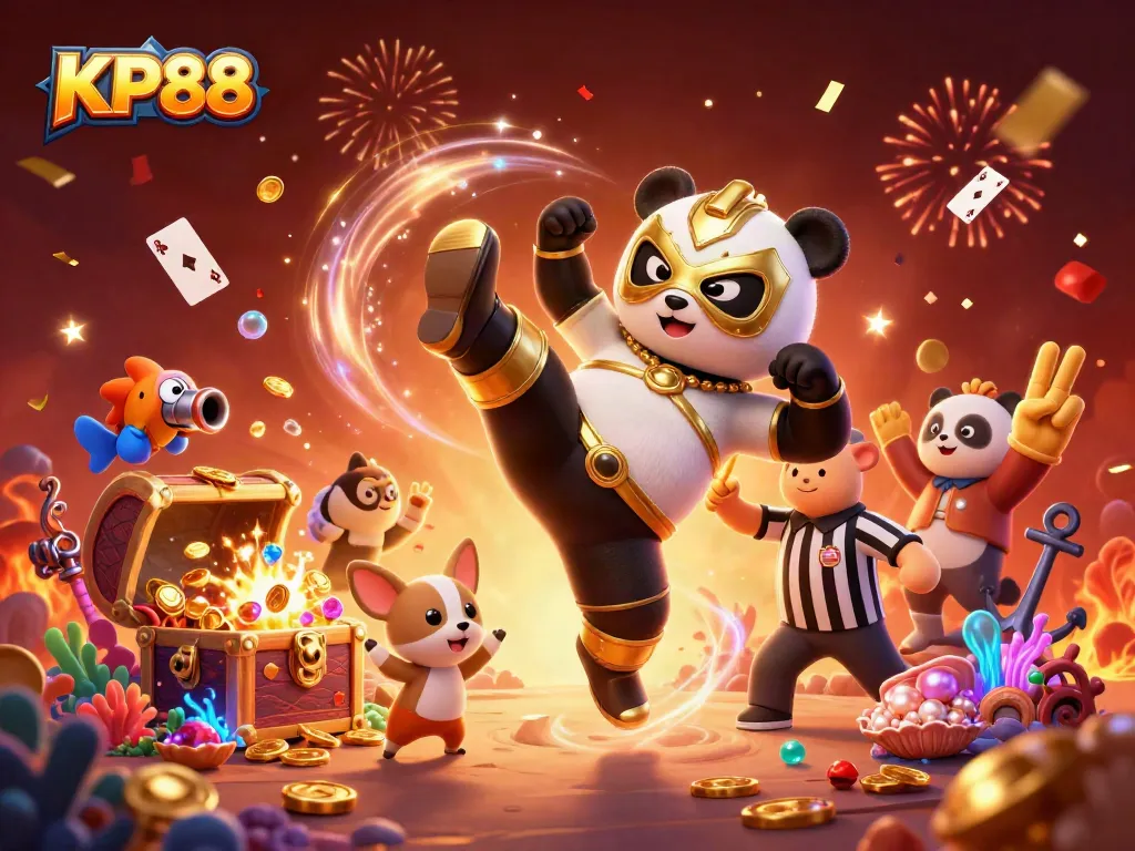 Experience the excitement of KP88 with a vibrant 3D scene featuring a wrestling panda, casino elements, and festive action.