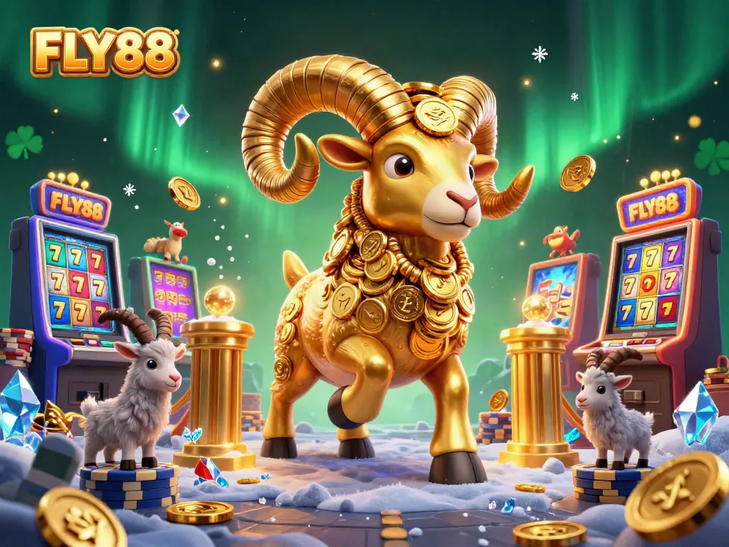 Experience excitement at FLY88 with a golden ram charging through a vibrant casino scene.