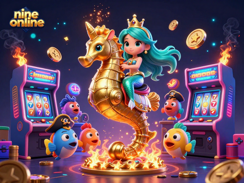 Engage in nine online gaming with an exciting scene featuring colorful characters and vibrant casino elements.