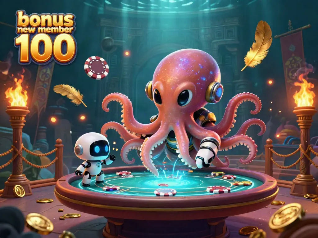 Experience thrilling gameplay with bonus new member 100 featuring an alien octopus at a holographic poker table.