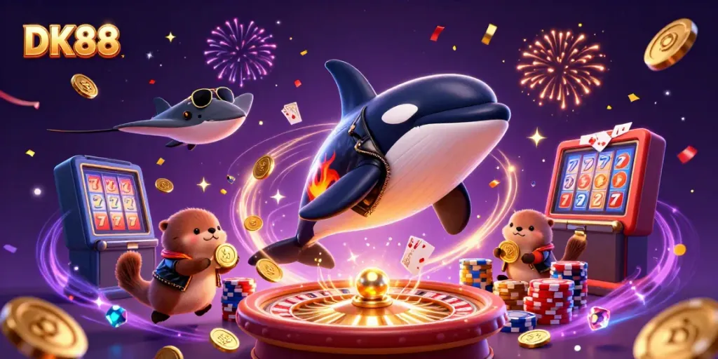 Experience thrilling gaming with DK88 featuring orca, stingray, and otters amid casino elements.