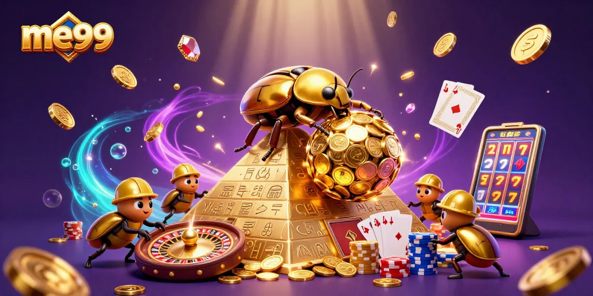 Engage with me99's golden gaming thrill in a vibrant 3D casino scene.