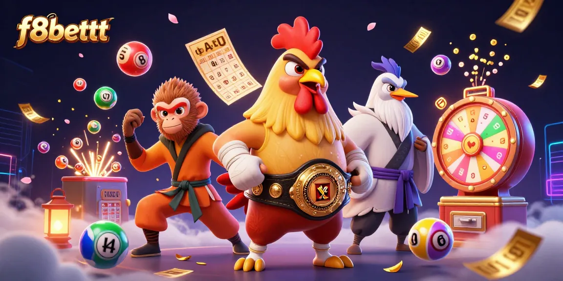Experience the excitement of f8bettt with a vibrant 3D scene featuring dynamic lottery elements and lively characters.