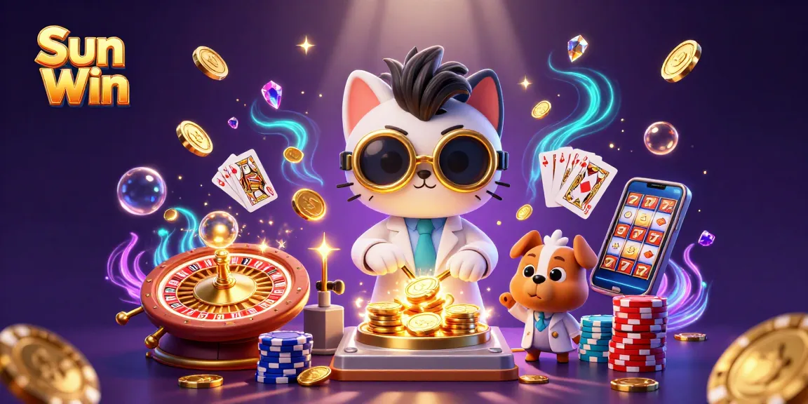 Experience the exciting world of Sun Win with a cartoon mad scientist and loyal assistant, creating gold coins in a vibrant casino.