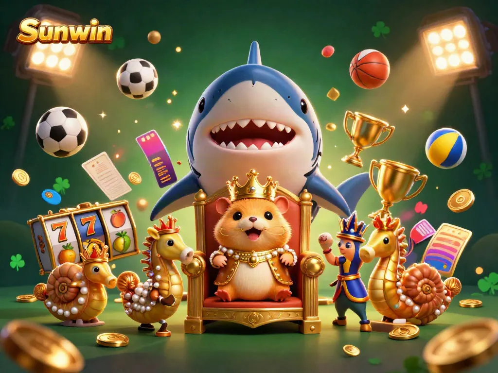 Engage with Sunwin's vibrant casino experience showcasing a hamster king throne surrounded by dynamic gaming elements.