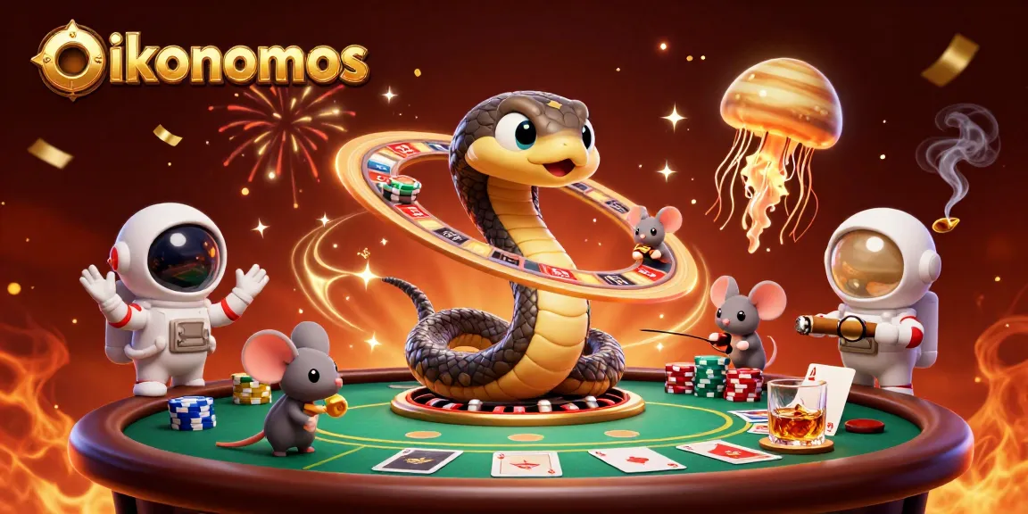 Enhance your gambling strategy with oikonomos as vibrant cartoon characters engage in a cosmic casino.