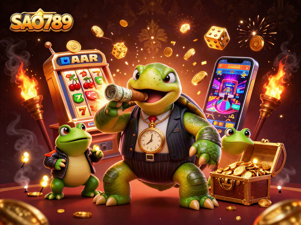 Play exciting casino games at SAO789 with a lively 3D illustration featuring a turtle mobster and bullfrogs.