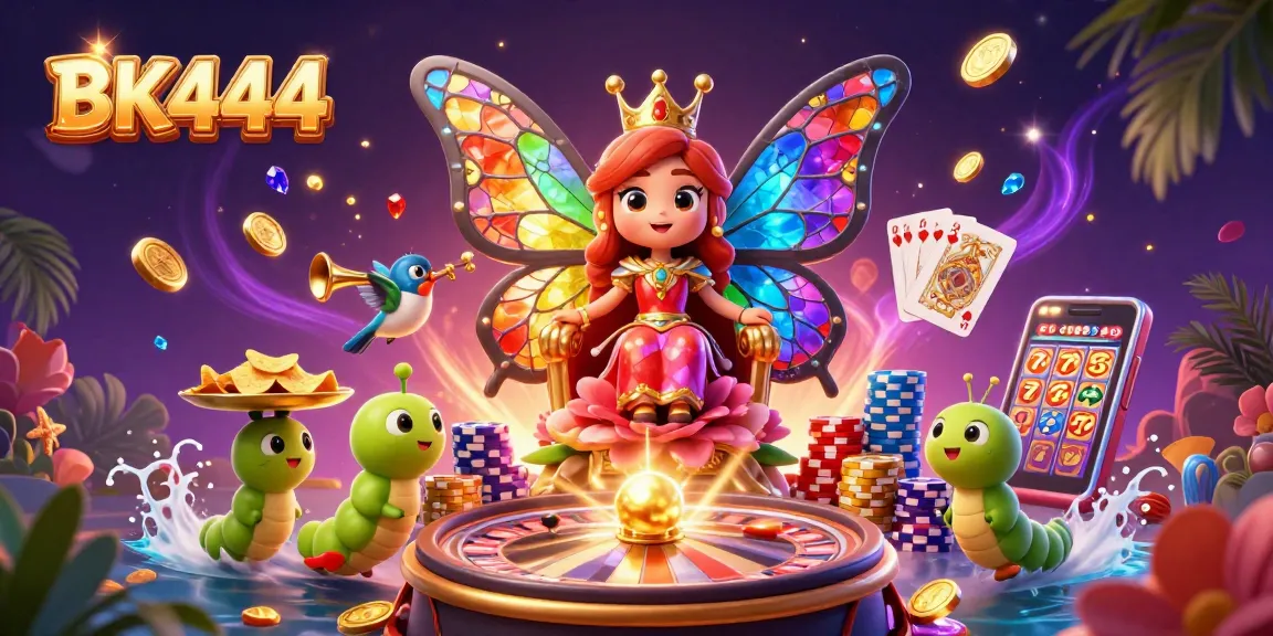Bet on BK444 with a vibrant scene showcasing a cartoon butterfly queen and dynamic casino elements.