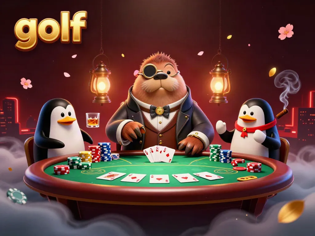 Intense poker match featuring golf-themed elements, highlighting skilled players and vibrant gambling action.