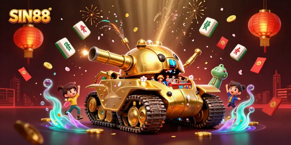 Experience thrilling gameplay with the SIN88 mini casino inside a giant golden beetle tank filled with excitement.
