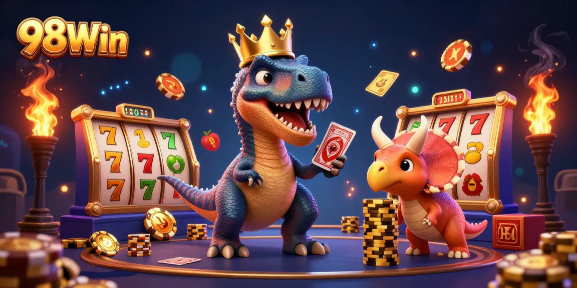 Win big at 98Win with friendly characters in a vibrant casino atmosphere full of slot excitement.