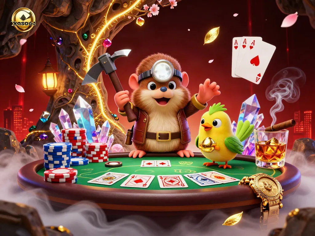 Xoso66’s vibrant gaming scene featuring a treasure hunter mole and a canary in a dynamic poker setting.