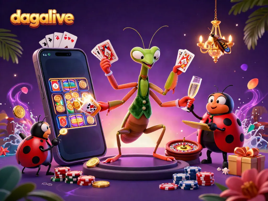 Dagalive showcases a vibrant scene with a 3D praying mantis card sharp and ladybug pit boss amidst dynamic casino elements.