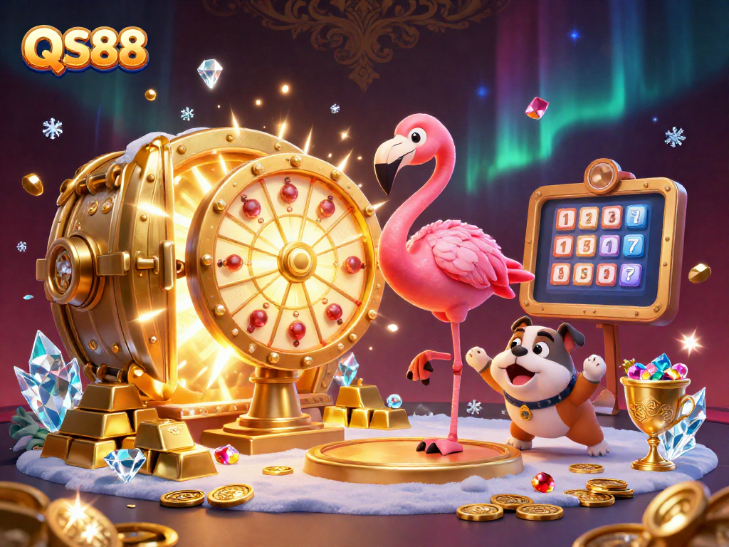 Spin the QS88 prize wheel to win exciting rewards in this vibrant casino scene.