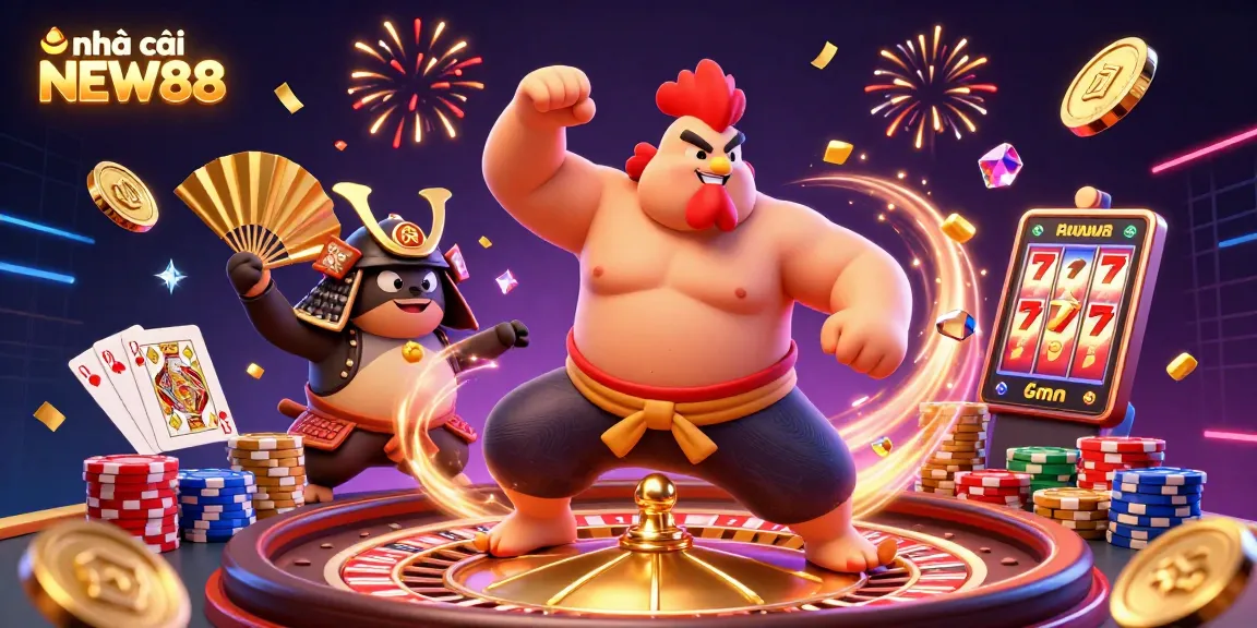 Engaging 3D illustration showcasing nhà cái NEW88 characters in a vibrant casino setting with dynamic action and festive elements.