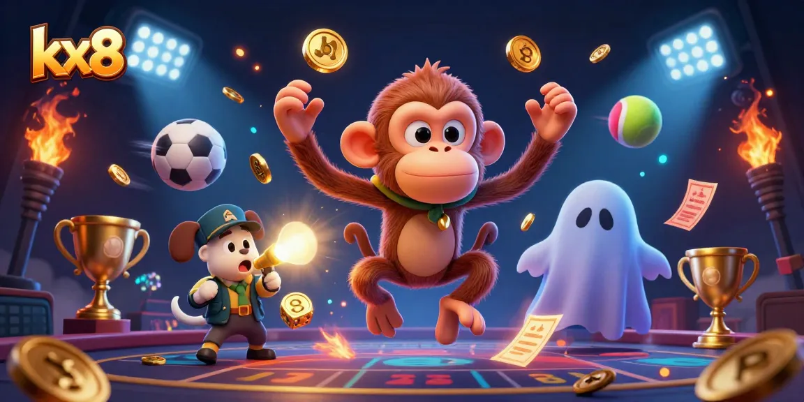 KX8 platform showcases a playful 3D scene with games, showcasing lively casino elements and engagement.