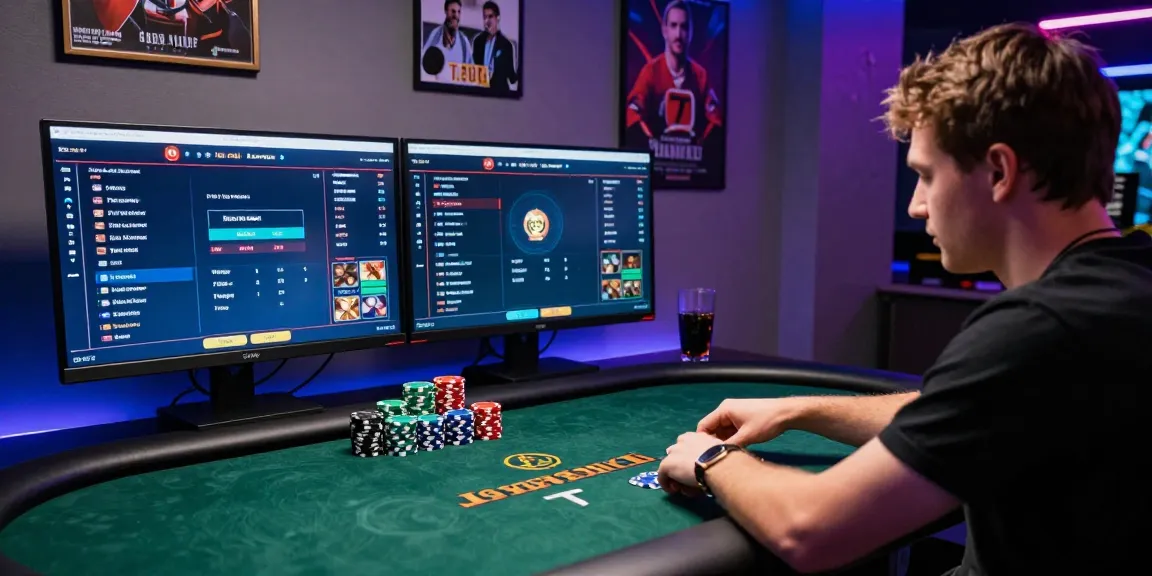 Engaged player in a Daftar Dominobet online poker game setup with dual monitors and vibrant atmosphere.