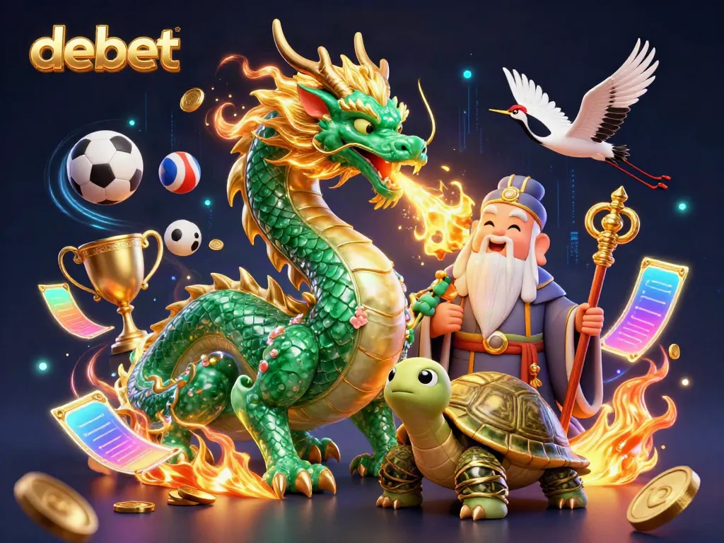 Experience the excitement of debet with a vibrant dragon, turtle sage, and lucky cranes in a dynamic casino scene.
