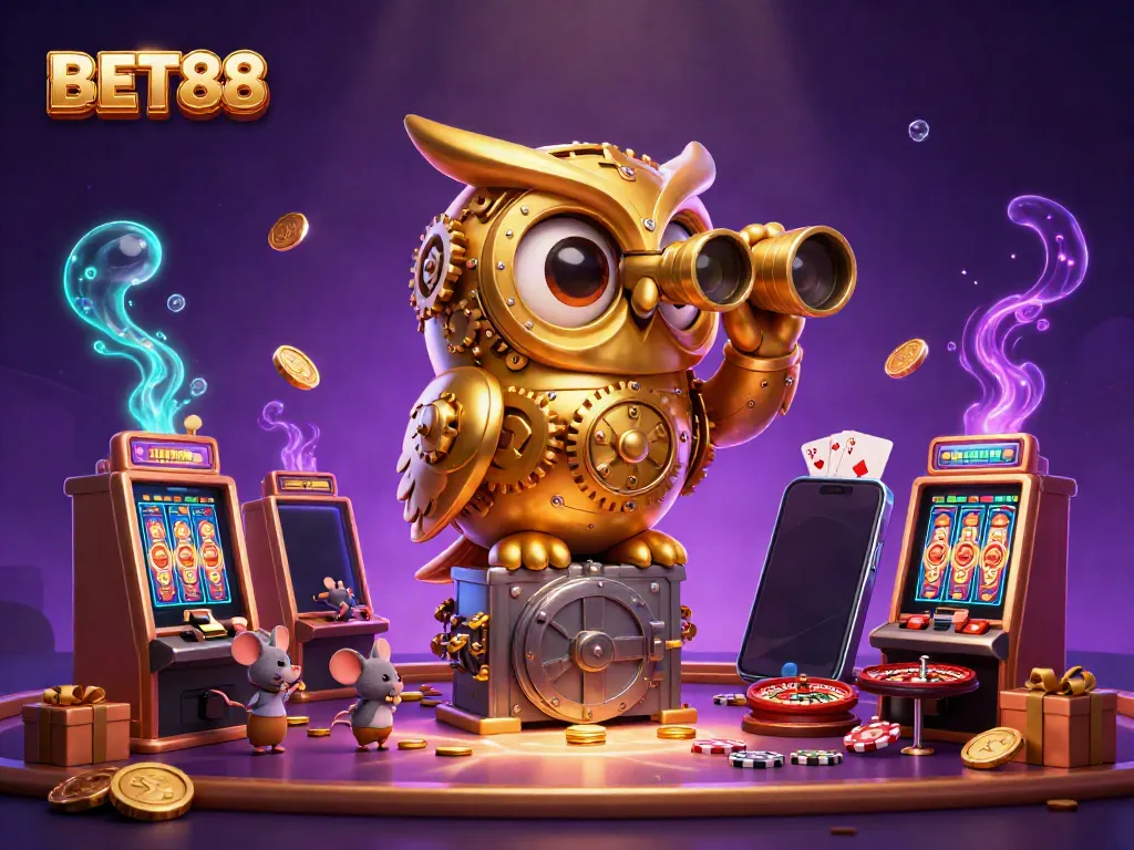 Play vibrant games at BET88 with a clockwork owl and charming patrons in a rich casino setting.