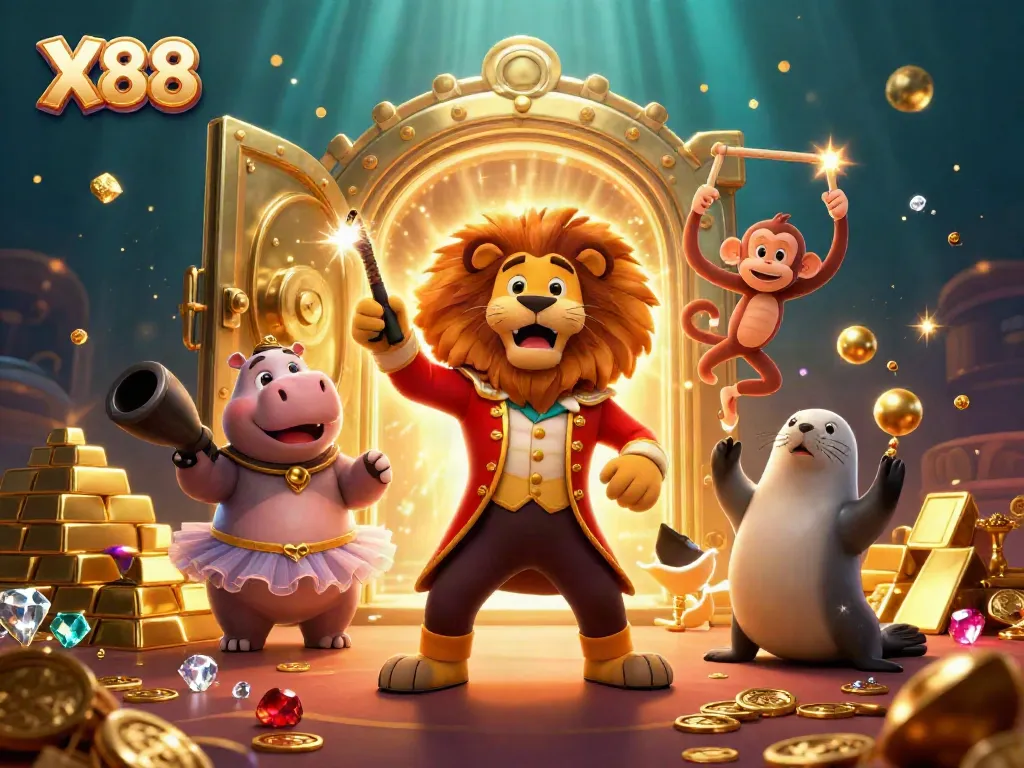 X88 themed 3D circus scene showcasing vibrant characters interacting in a lively casino ambiance.