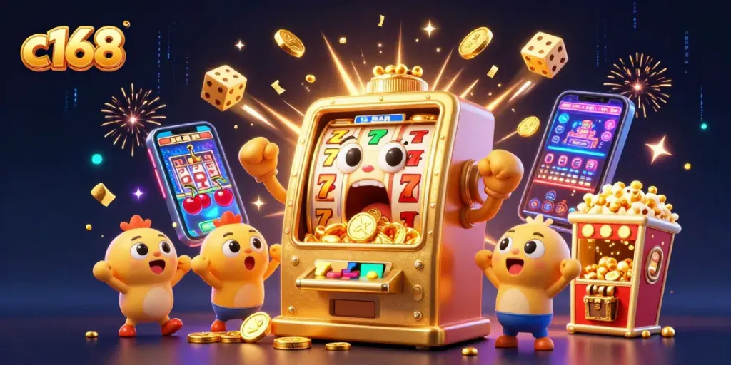 c168 slot machine celebrates a jackpot win with golden coins and cheering baby machines