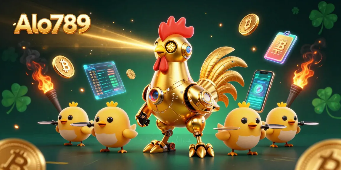 Experience thrilling bets at Alo789 with a fierce golden rooster robot and baby chick drones.