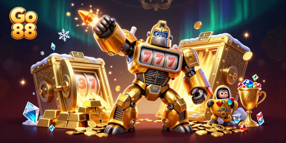 Go 88 showcases a dynamic golden gorilla mech amidst slot machine elements and treasures.