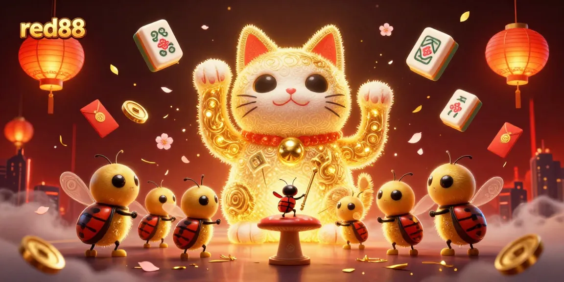 Experience the thrill of red88 with vibrant casino symbols and a lucky cat illustration.