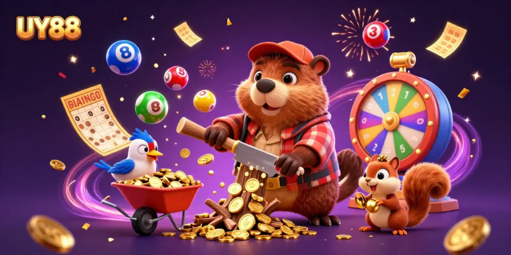 Experience the excitement of UY88 with a whimsical cartoon scene featuring a beaver and friends collecting golden coins.