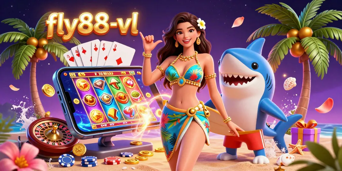 Engage in thrilling gameplay at fly88-vl with a vibrant 3D casino scene showcasing slot games and tropical elements.