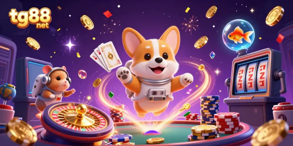 Experience the excitement at tg88 net with a dynamic casino scene featuring an astronaut corgi and more!