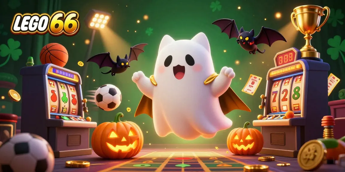 Spin and win with Lego66 in this vibrant haunted casino scene featuring ghostly characters and lively gaming elements.