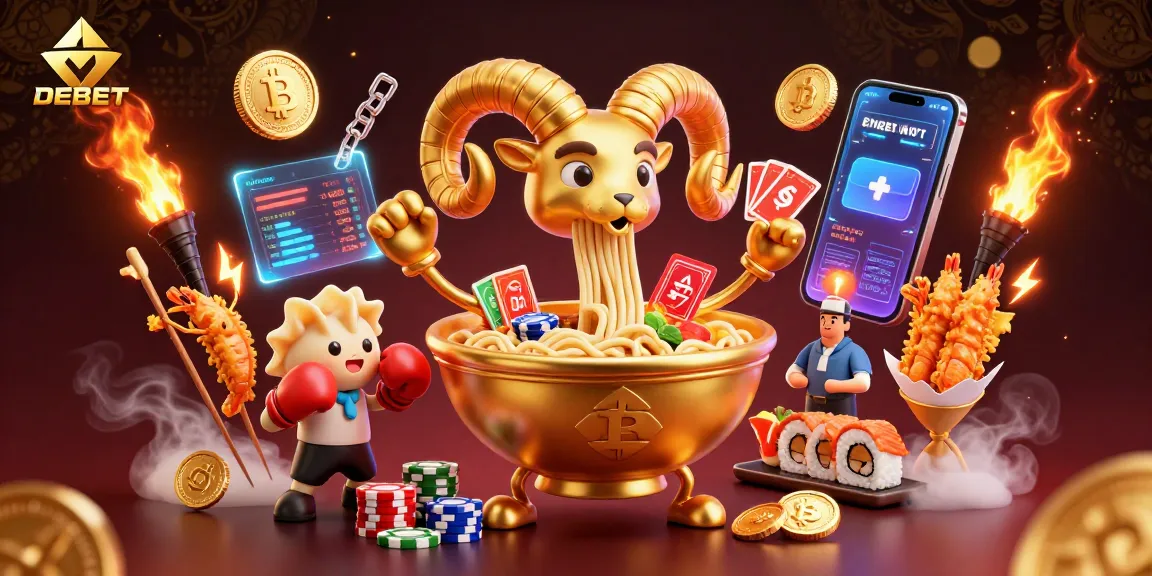 DEBET casino scene with a giant ramen bowl dealing cards, vibrant with crypto-themed elements.