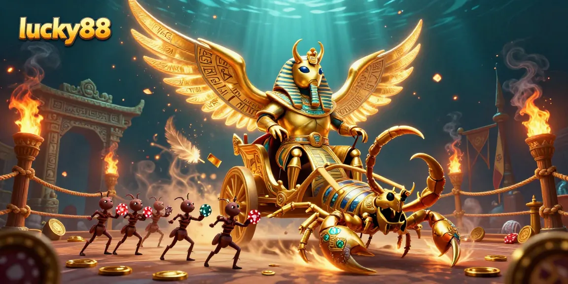 Experience the thrilling world of lucky88 as players engage with vibrant 3D casino elements featuring a scarab beetle and a scorpion chariot.