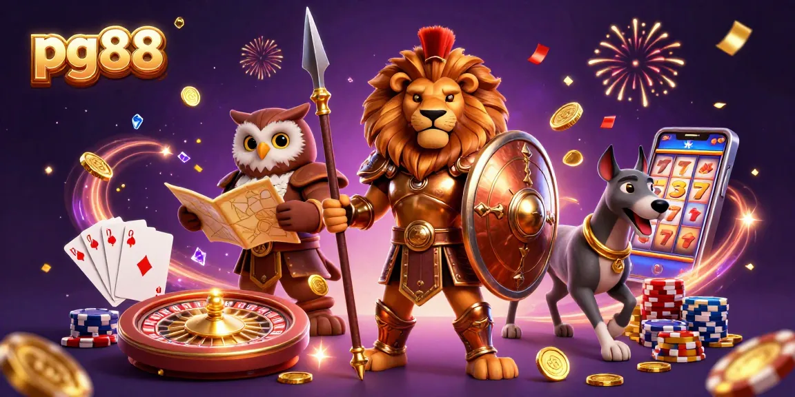 Experience the thrill of pg88 with a heroic lion and a tactical owl in a vibrant casino scene.