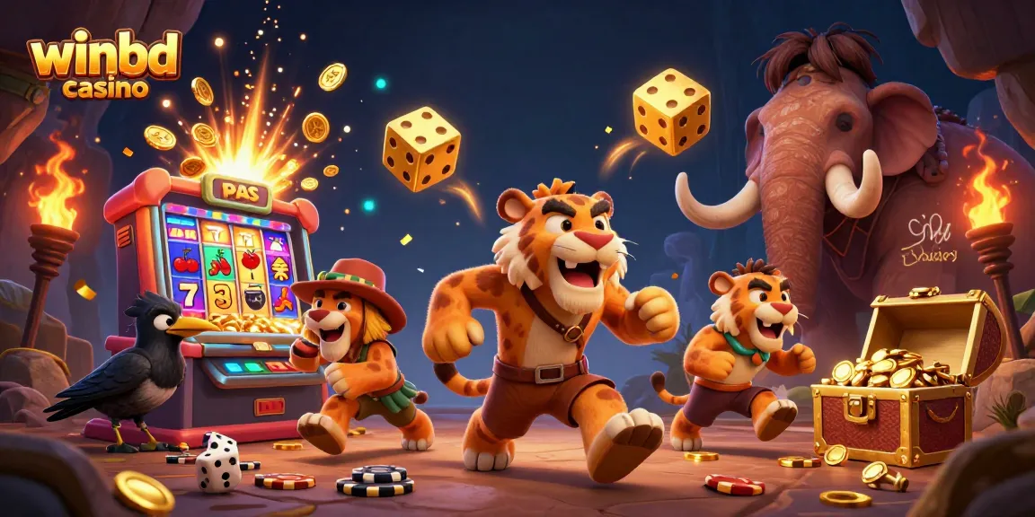 Experience the excitement of winbd casino with a lively scene of a prehistoric casino featuring unique characters.