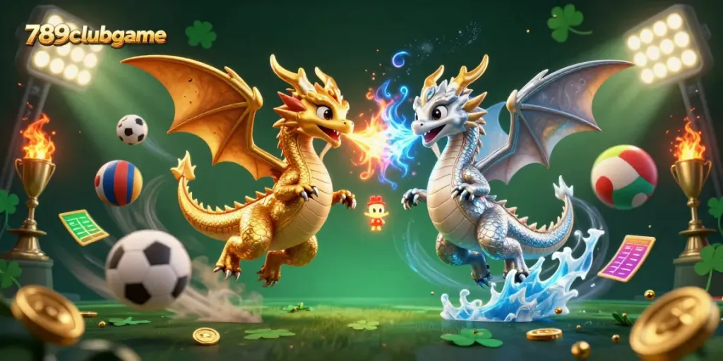 Engage with 789clubgame as golden and silver dragons battle mid-flight amidst sports symbols and casino flair.