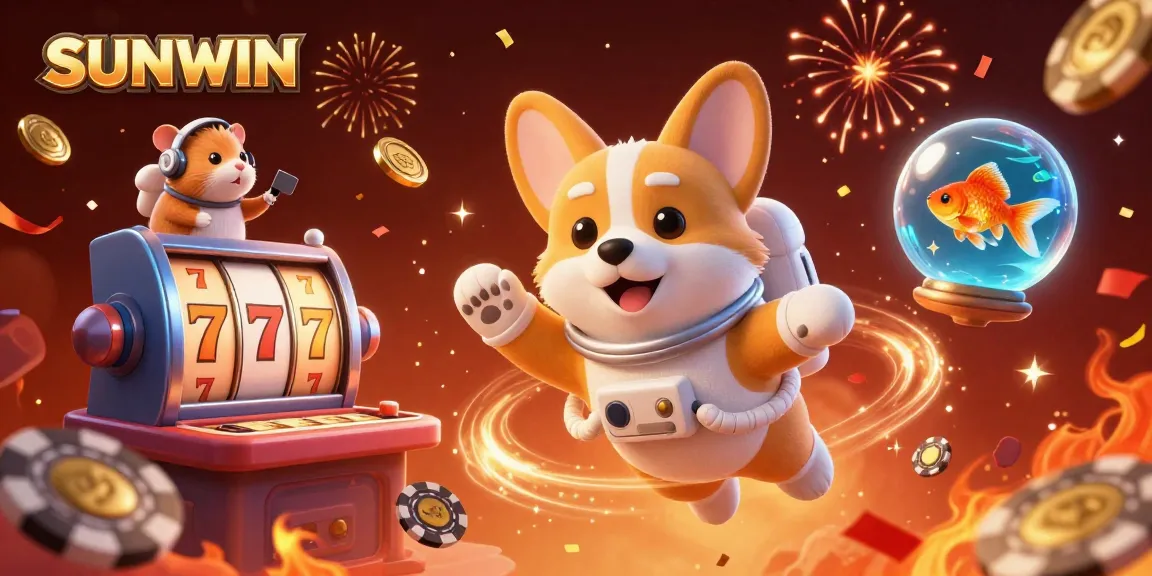 SUNWIN offers an exciting gaming experience with a floating astronaut corgi, colorful slot reels, and vibrant confetti.