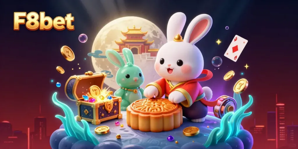 Experience F8bet's dynamic gaming world with a moon rabbit and poker chips on the lunar surface, encapsulating the thrill of online gambling.
