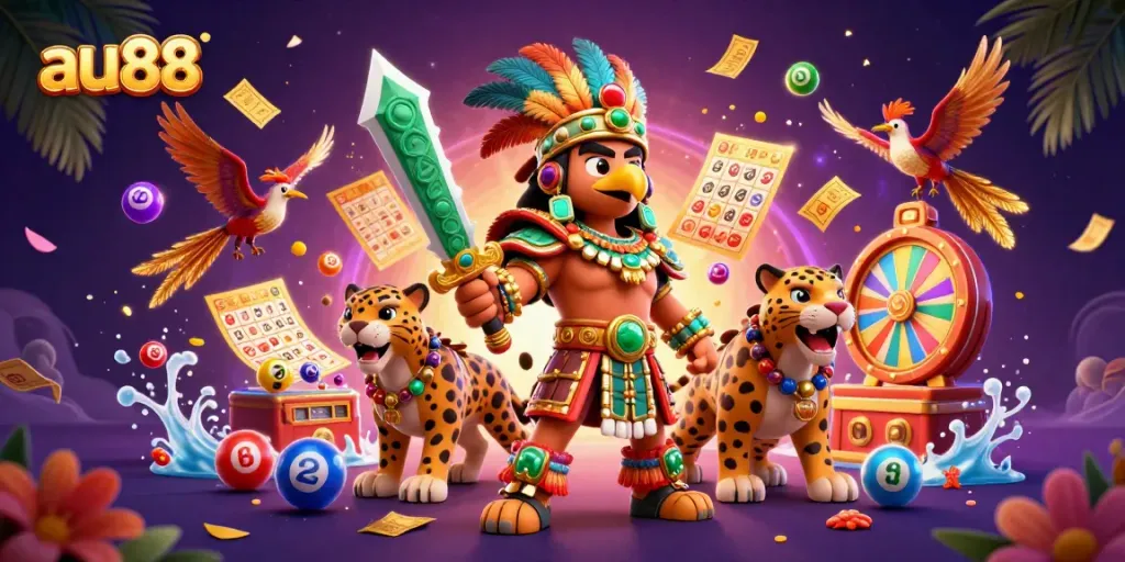 Play exciting lottery games at au88 with vibrant colors, lively characters, and dynamic gambling elements.