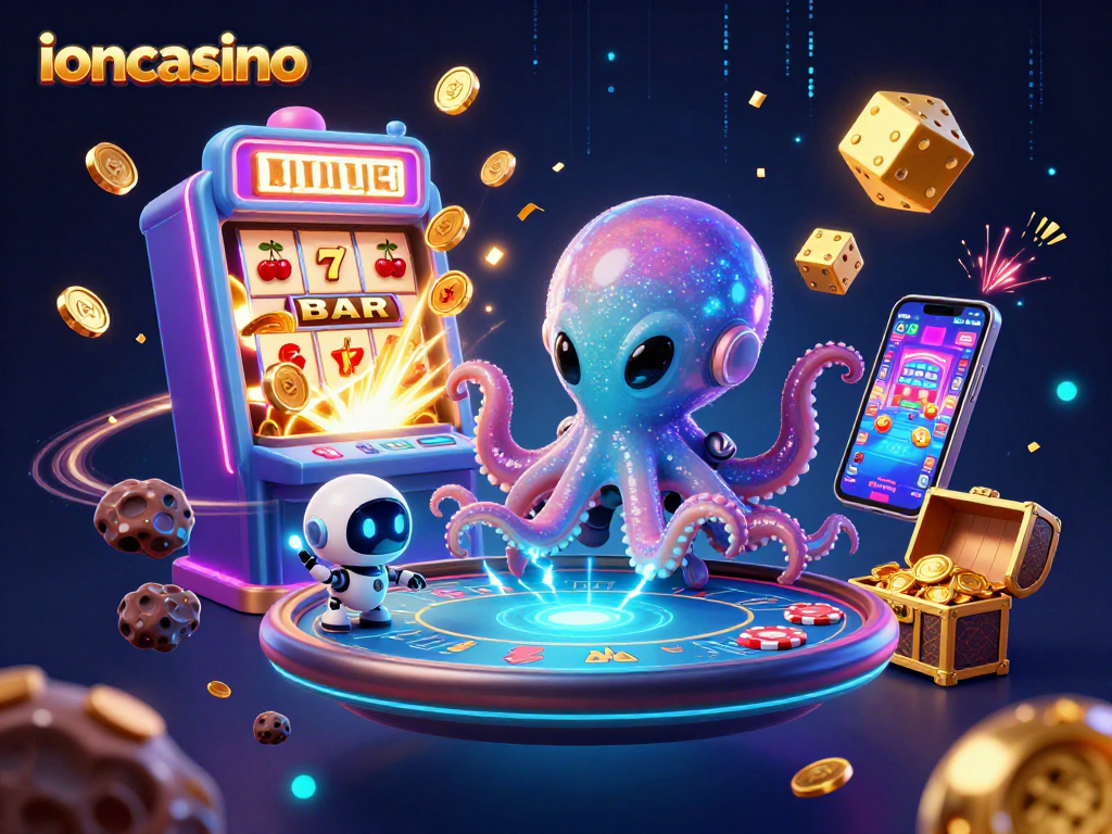 Experience thrilling gameplay at ioncasino with an alien octopus mastering a holographic poker table.