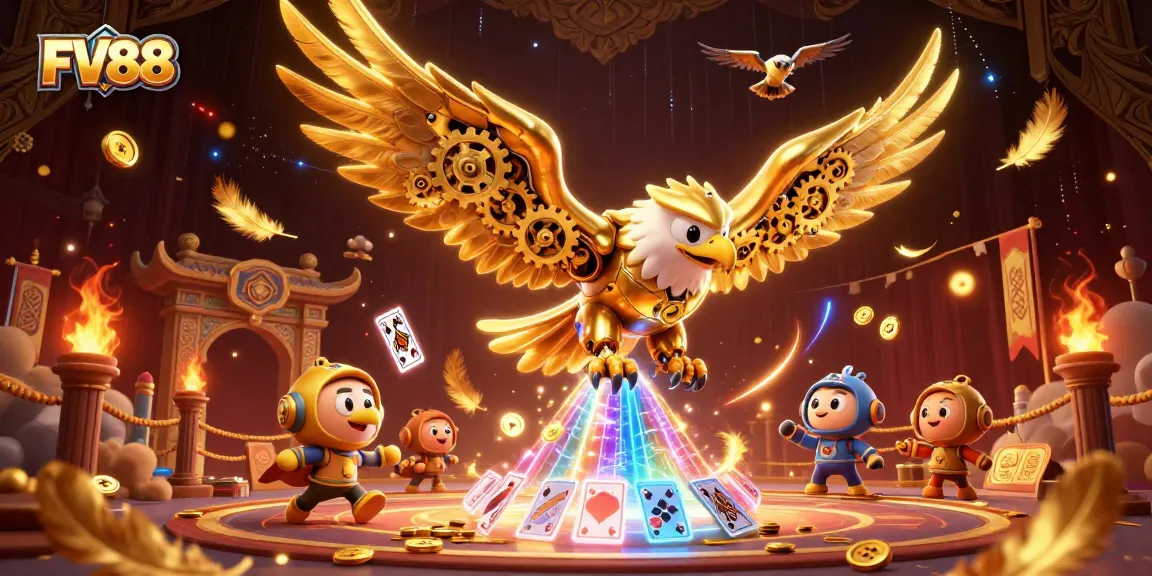 Experience thrilling moments at FV88's vibrant casino with a golden eagle soaring through dynamic holographic cards.