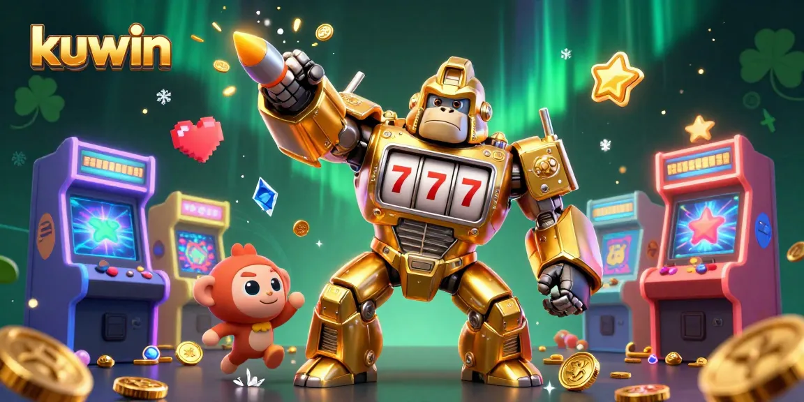 Kuwin players winning coins with a golden gorilla mech and arcade games in 3D action scene