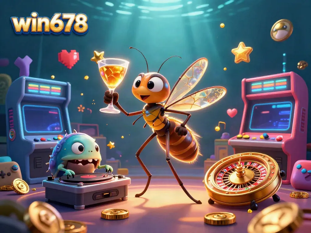 Experience the vibrant win678 casino world with a colorful 3D scene showcasing animated characters and gaming elements.